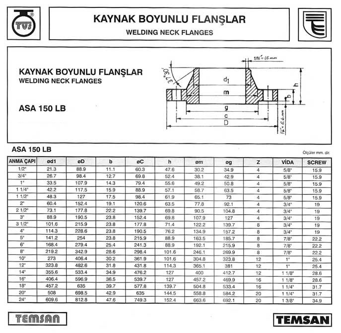 150 Lb Kaynak Boyunlu Flanş