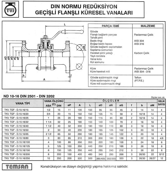 Paslanmaz ve Karb-Çelik Flanşlı Küresel Vana Redüksiyon Geçişli ND10/ND16 2501-3202