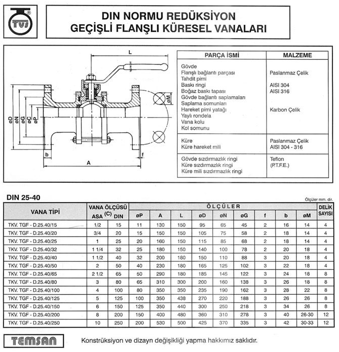 Paslanmaz ve Karb-Çelik Flanşlı Küresel Vana Redüksiyon Geçişli ND25/ND40 2501-3202