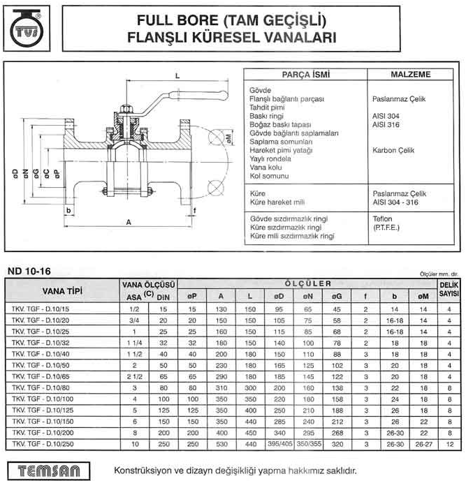 Paslanmaz ve Karb-Çelik Flanşlı Küresel Vana Tam Geçişli ND10/ND16 2501-3202