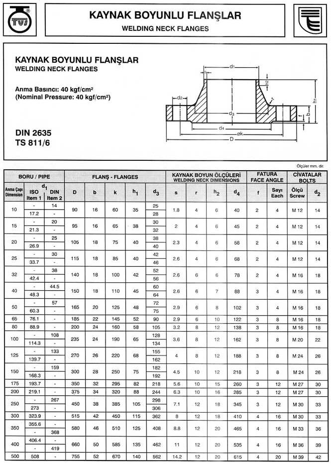 DIN2635 ND40 Kaynak Boyunlu Flanş