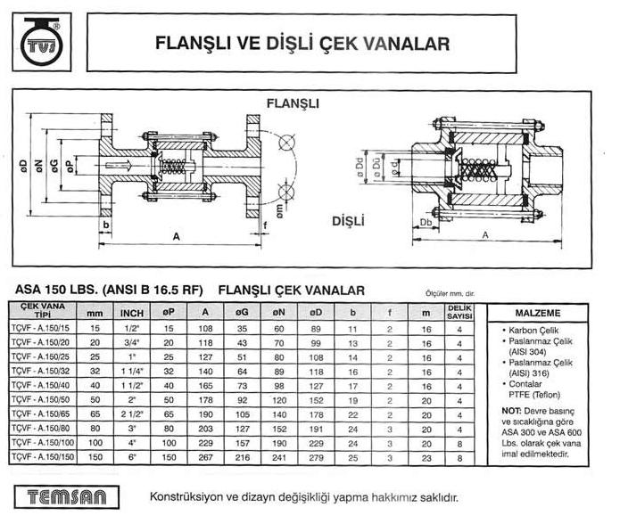 150LB Paslanmaz Flanşlı Çek Vana