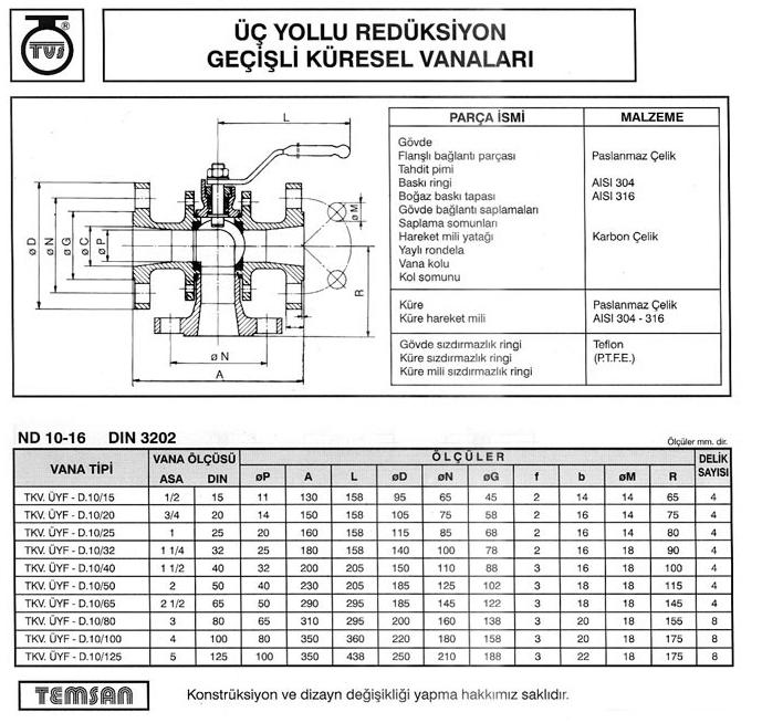 Paslanmaz Flanşlı 3 Yollu Küresel Vana Redüksiyon Geçişli ND10/ND16